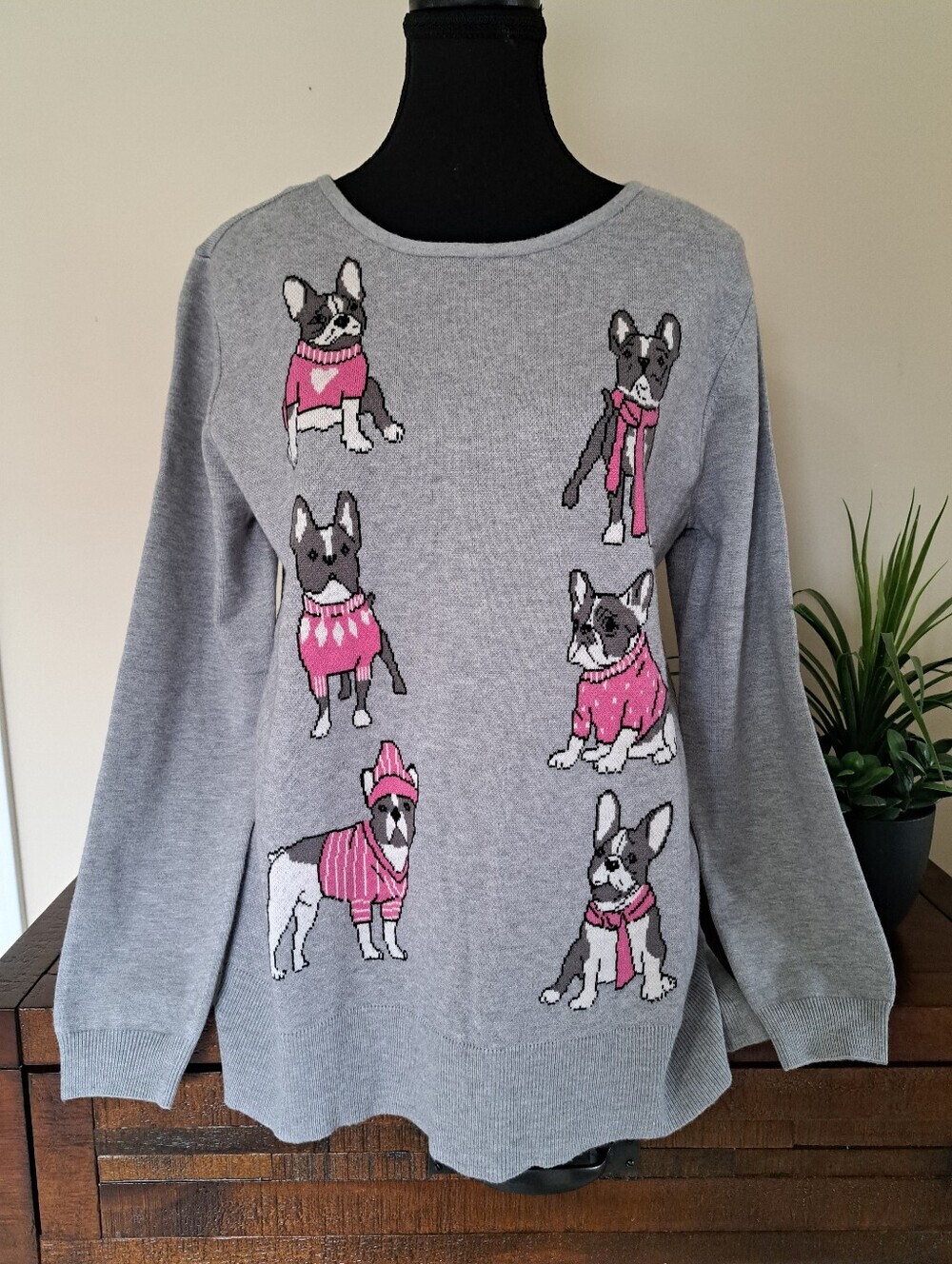 Astrologie French Bulldog Sweater Womens Size Medium Cozy Crew Grey Pink White